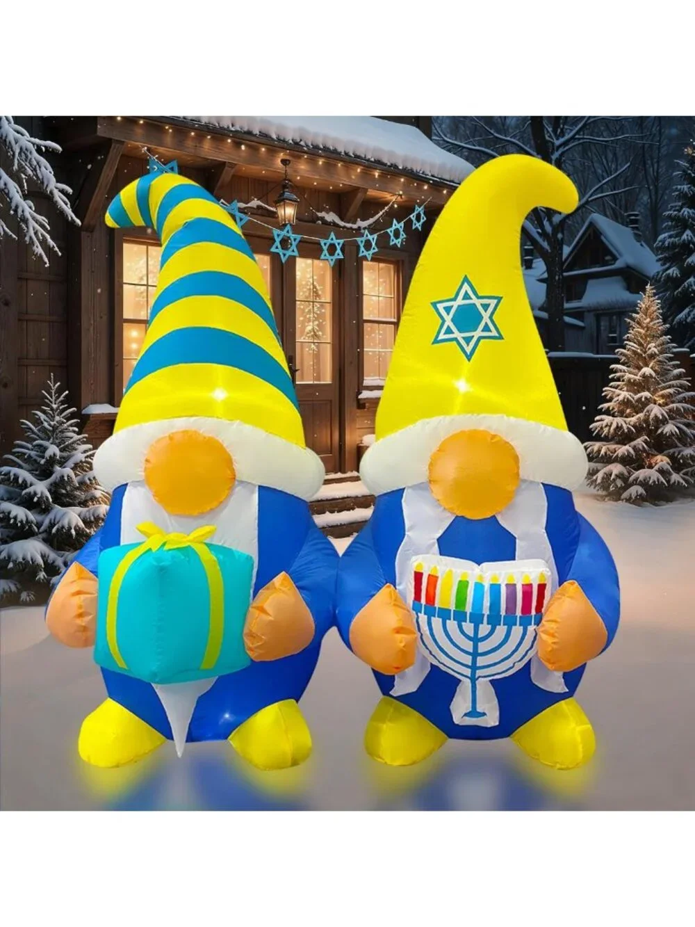 4FT Inflatable Hanukkah Gnomes with Menorah & Gift Box - LED Outdoor Decor